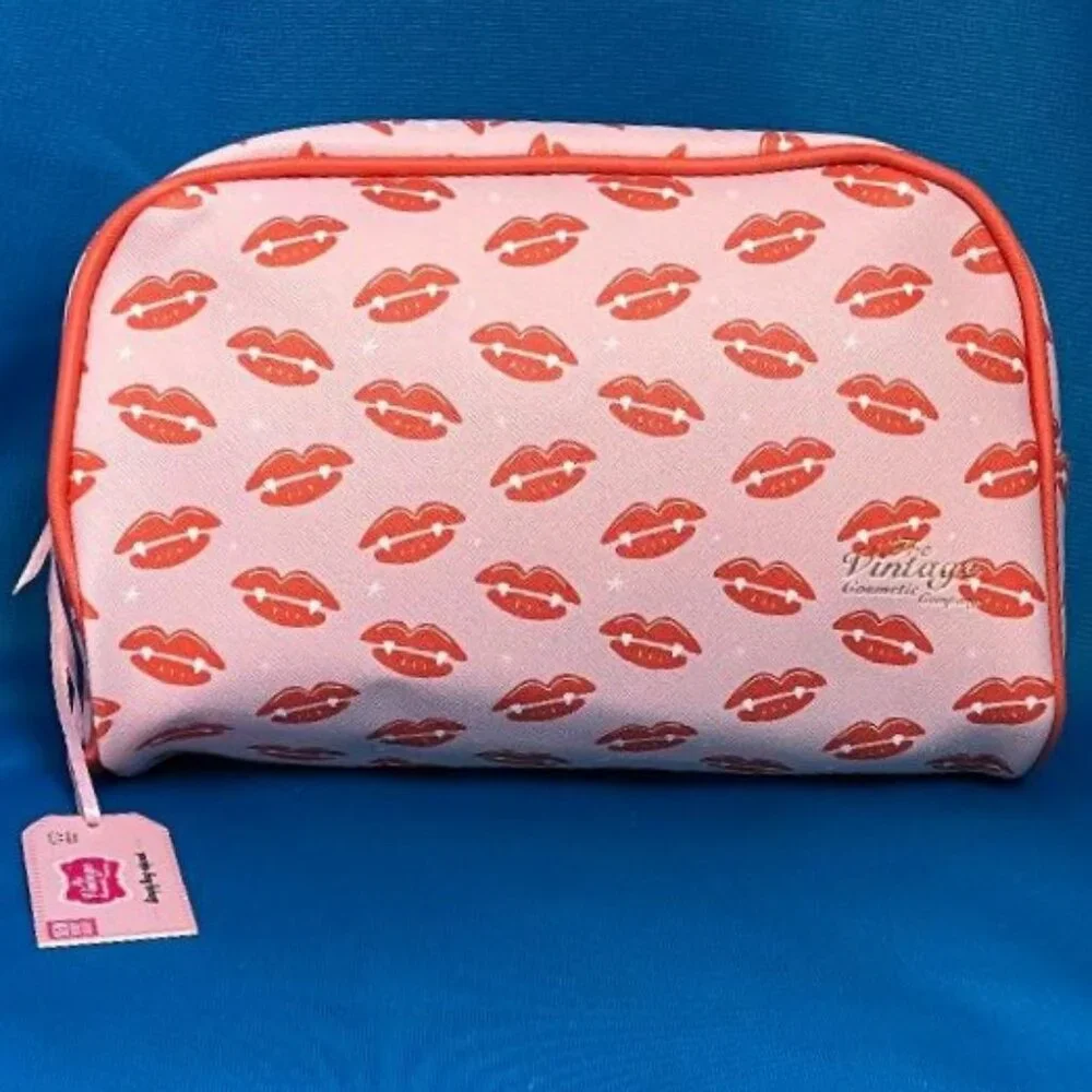 NWT ~ THE VINTAGE COSMETIC CO PINK RED LIP COSMETIC MAKE - UP TRAVEL BAG / CASE